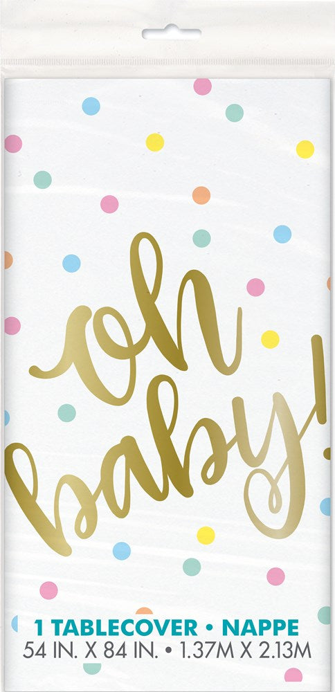 White rectangular plastic table cover with colorful pastel polka dots and large gold "oh baby" script text.
