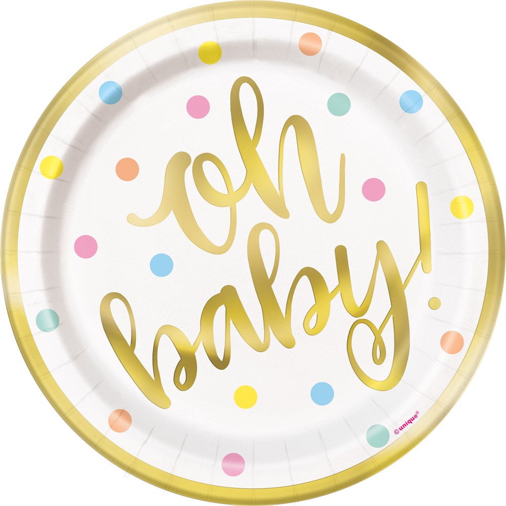 7-inch round white paper plates with gold rim, multicolored polka dots, and "oh baby!" in gold script.