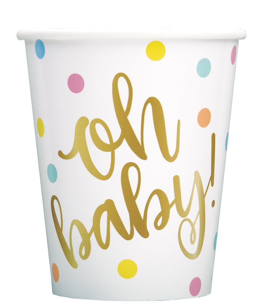White paper cup with colorful polka dots and large gold "oh baby!" text.