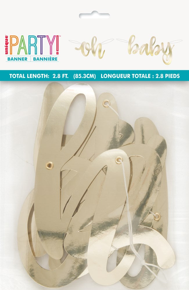 Gold foil baby shower banner spelling "oh baby" with cursive letters, shiny and reflective material.