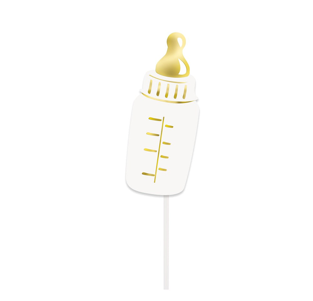 White baby bottle photo prop with yellow nipple and gold measurement markings on a stick.