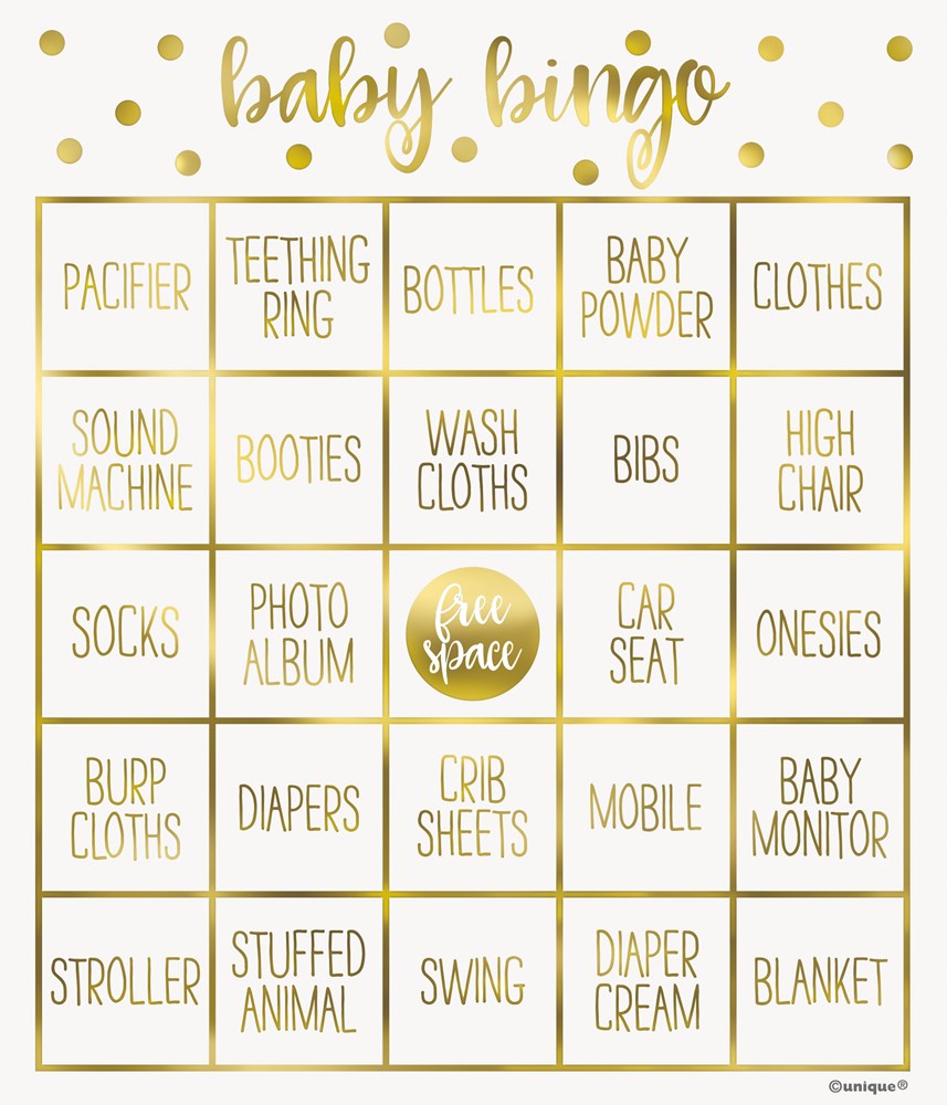 Gold and white baby shower bingo card with 24 squares featuring baby-related words and gold confetti accents.