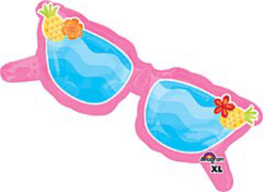Large pink foil balloon shaped like sunglasses with blue reflective lenses and small fruit decorations on the corners.