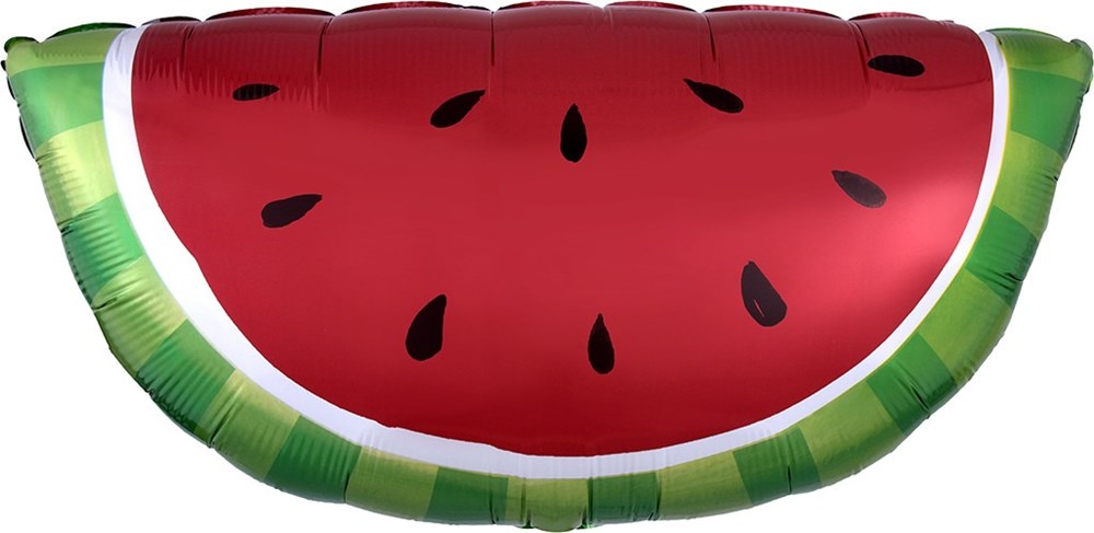 Large semicircular foil balloon shaped and colored like a watermelon slice with red center, black seeds, and green rind.