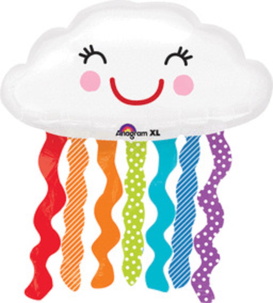 White foil balloon shaped like a smiling cloud with closed eyes and pink cheeks, rainbow-colored wavy ribbons hanging below.