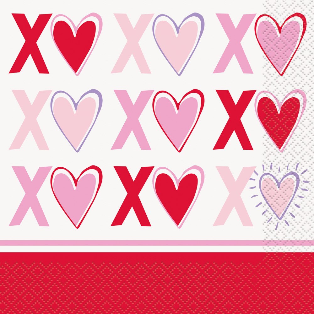 White napkin with pink, red, and purple X and heart pattern in rows, heart shapes vary in design.