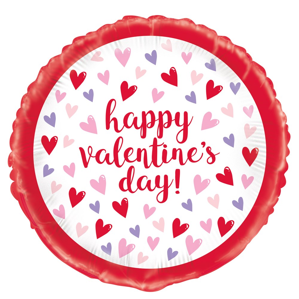 Round foil balloon with red border, white center, scattered pink, red, and purple hearts, and red "happy Valentine's day!".