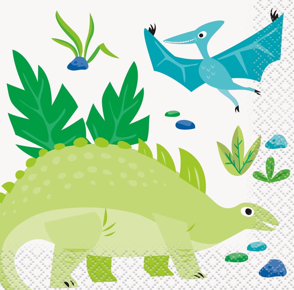 Square paper napkin with a green stegosaurus and blue pterodactyl on a white background with green plants and blue stones.