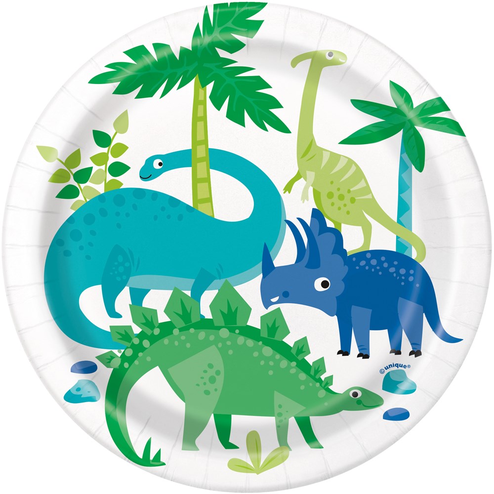 Round paper plate with blue and green cartoon dinosaurs and tropical leaves on a white background.