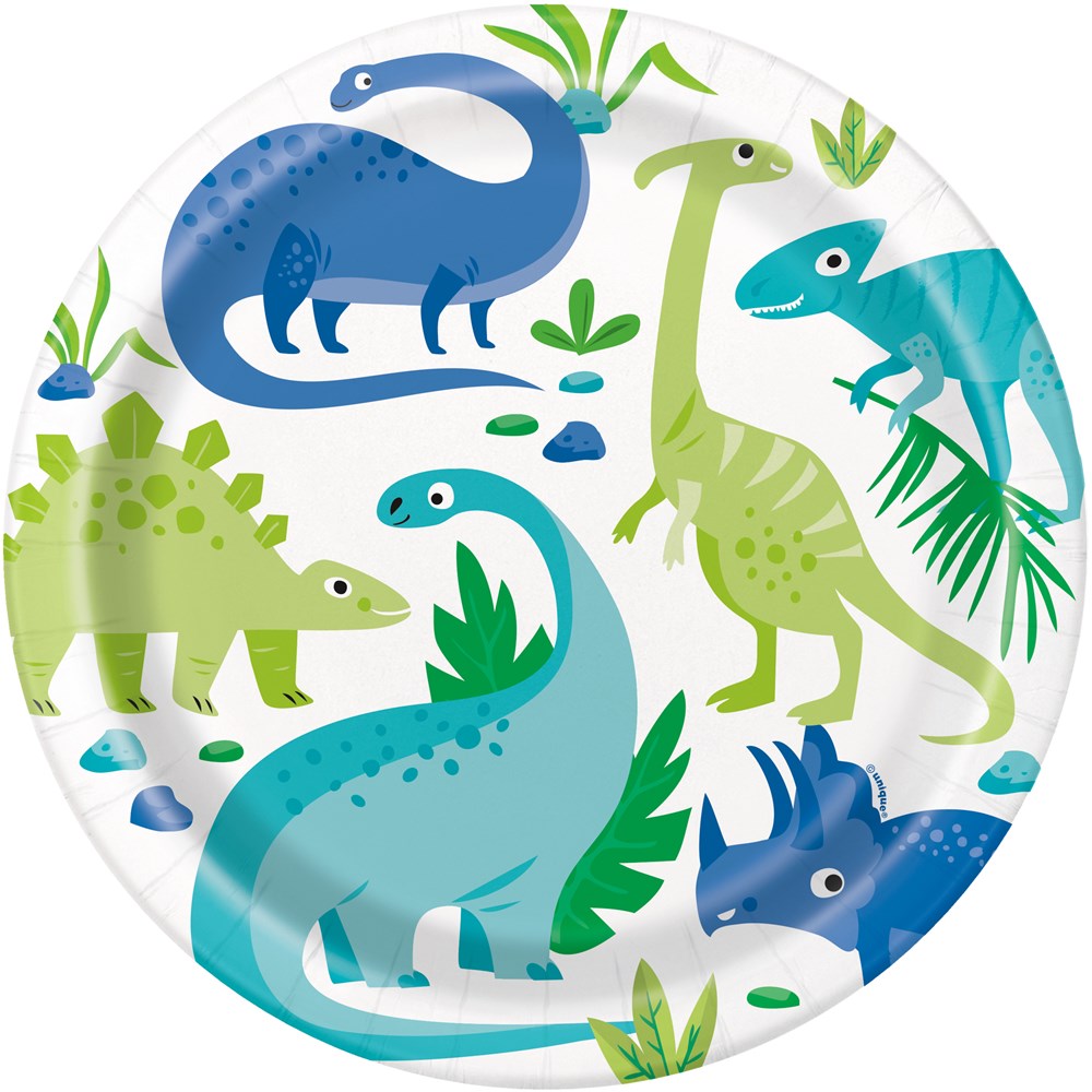 Round paper plate featuring blue and green cartoon dinosaurs with leafy plants on a white background.