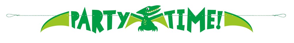 Blue and green dinosaur-shaped banner with "Party Time!" text in playful font on a white background.