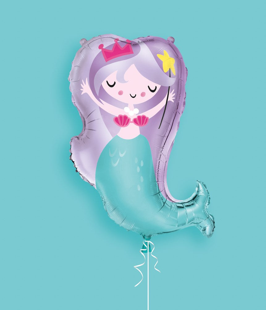 29-inch foil balloon shaped like a cute mermaid with purple hair, pink shell top, and teal tail.