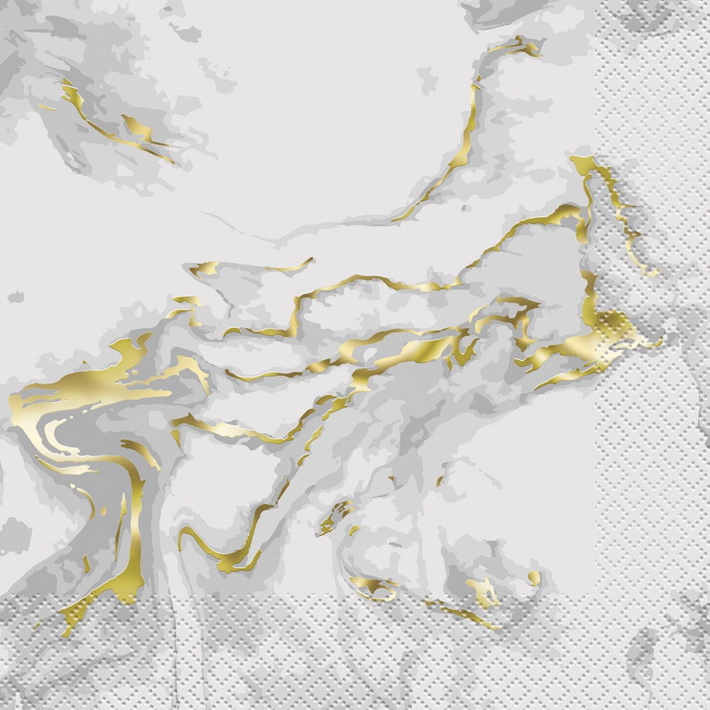 White square beverage napkin with gold marble veins and textured edges, 20 count pack.