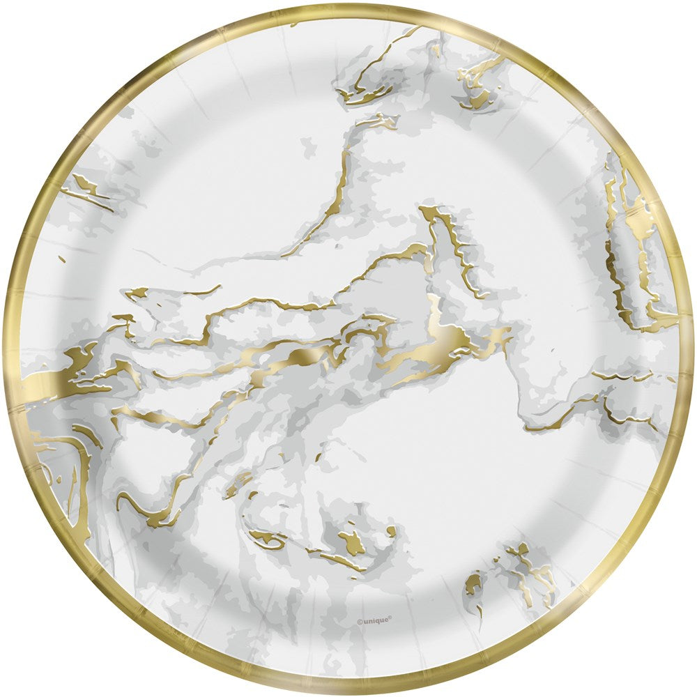 Round white 7-inch plate with gold marble veining and gold rim, glossy finish.