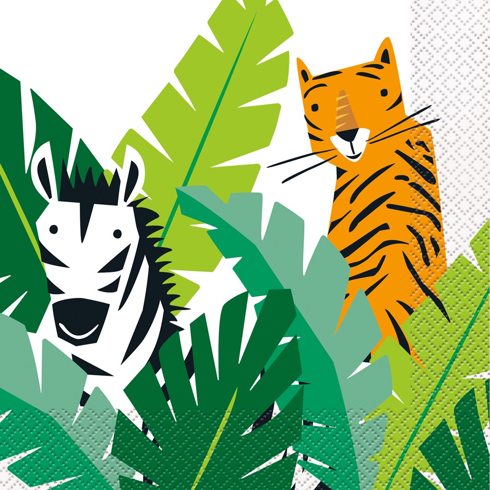 White lunch napkin with textured pattern featuring cartoon zebra and tiger among green tropical leaves.