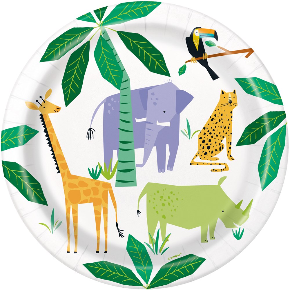 9-inch round paper plate with colorful cartoon giraffe, elephant, cheetah, rhino, toucan, and tropical leaves design.
