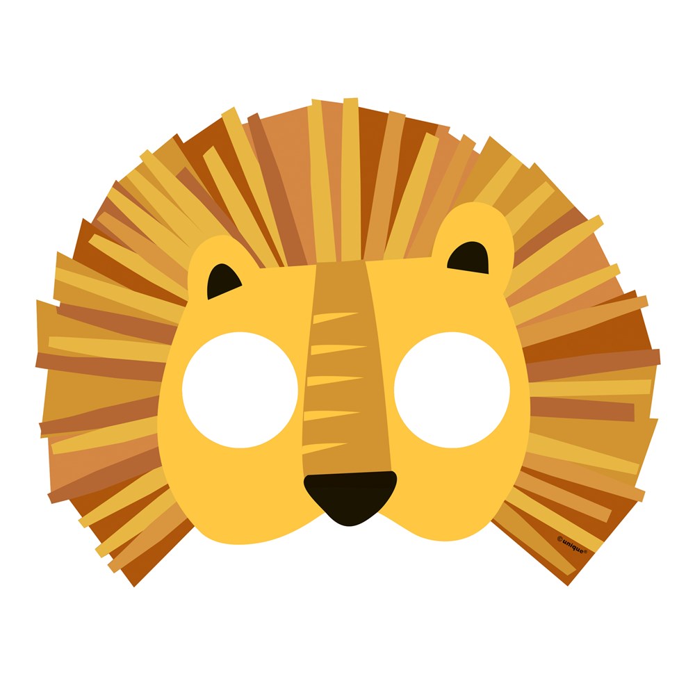 Yellow and brown paper lion mask with mane and cutout eye holes.