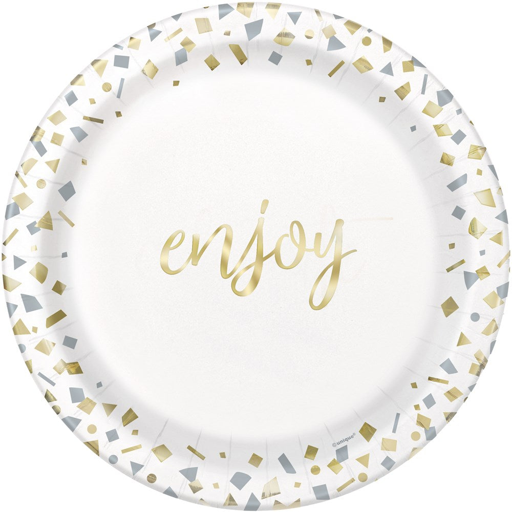 7-inch white paper plate with gold foil confetti border and gold "enjoy" text in the center.
