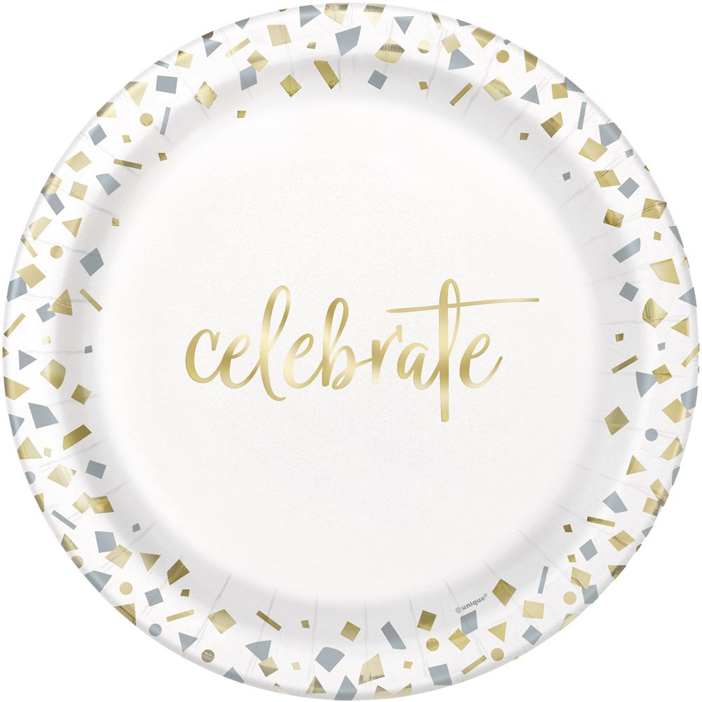 White 9-inch round paper plate with gold foil "celebrate" text and gold and silver confetti border.