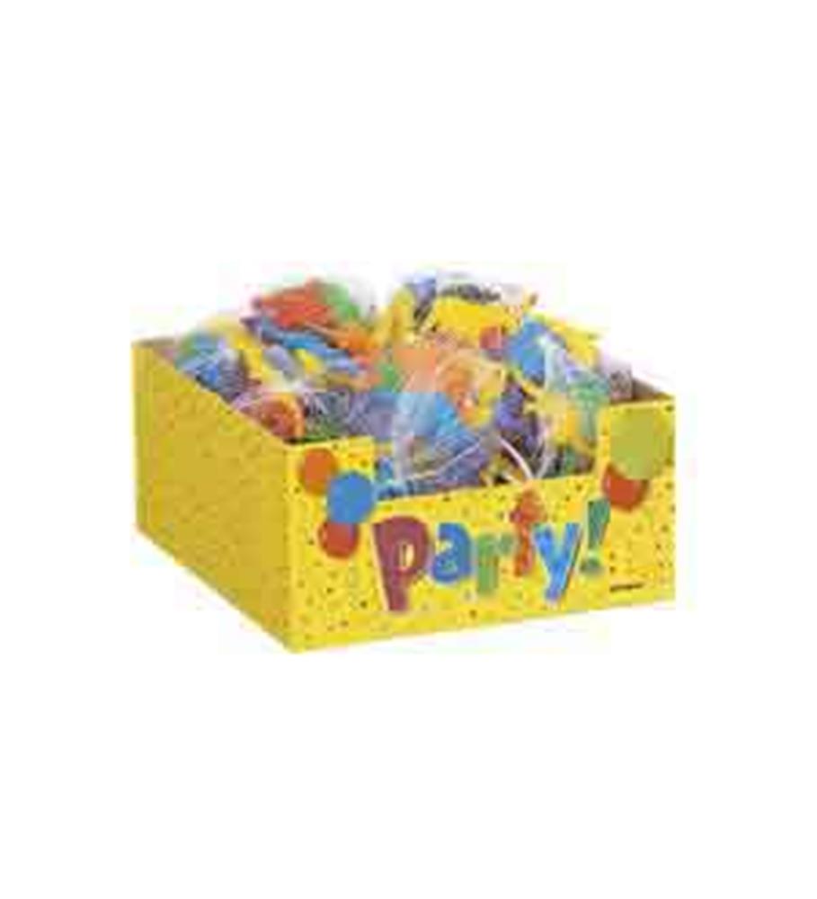 Yellow display box with colorful "Party!" text holding 12 dinosaur-themed party favor bags with assorted colors and shapes.