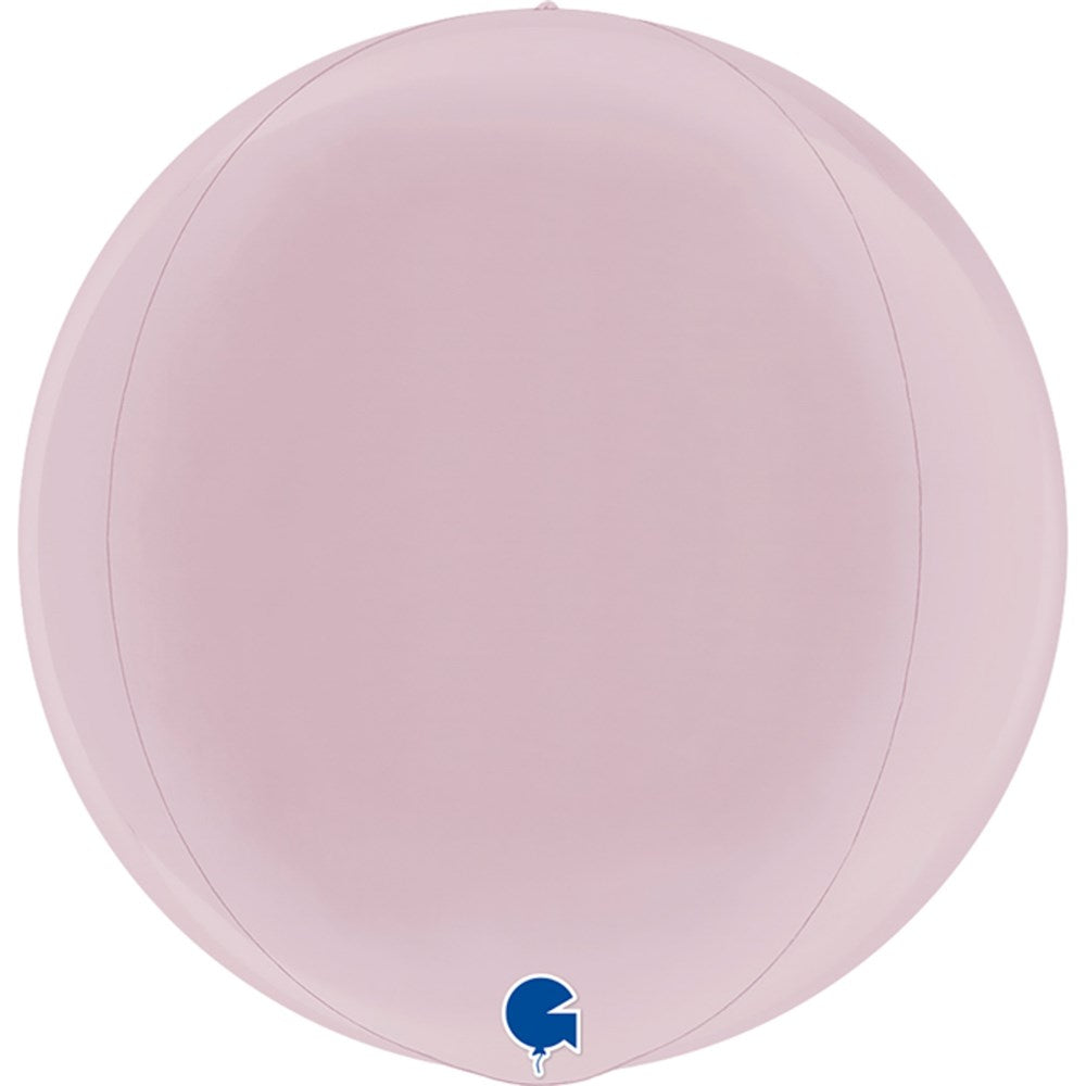 Pastel pink round foil balloon with smooth, shiny surface and subtle panel seams, 15 inches wide.