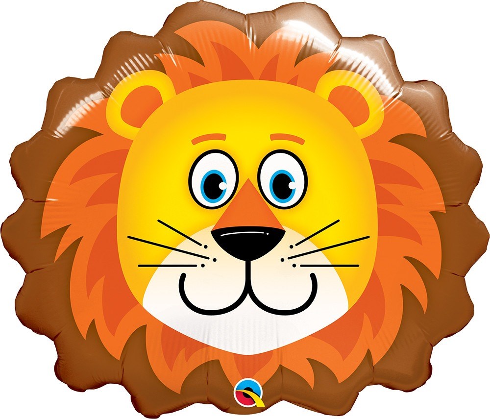 Round foil balloon shaped like a lion's face with orange mane and bright blue eyes.