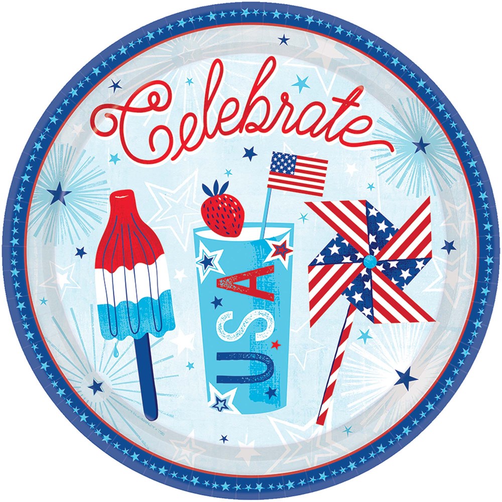 Round 7-inch paper plate with red, white, and blue 4th of July designs including a popsicle, drink cup labeled USA,.
