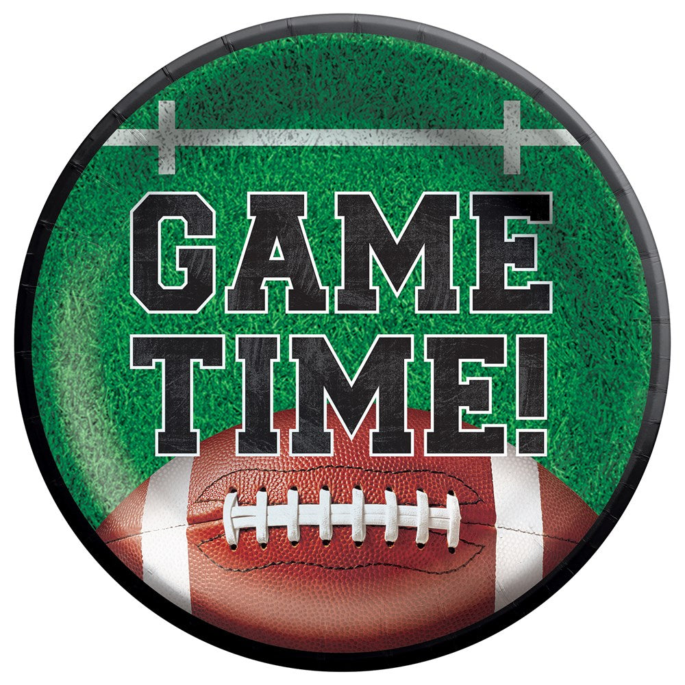 Round green paper plate with football field design, white yard lines, bold black text "GAME TIME!" and a football graphic at