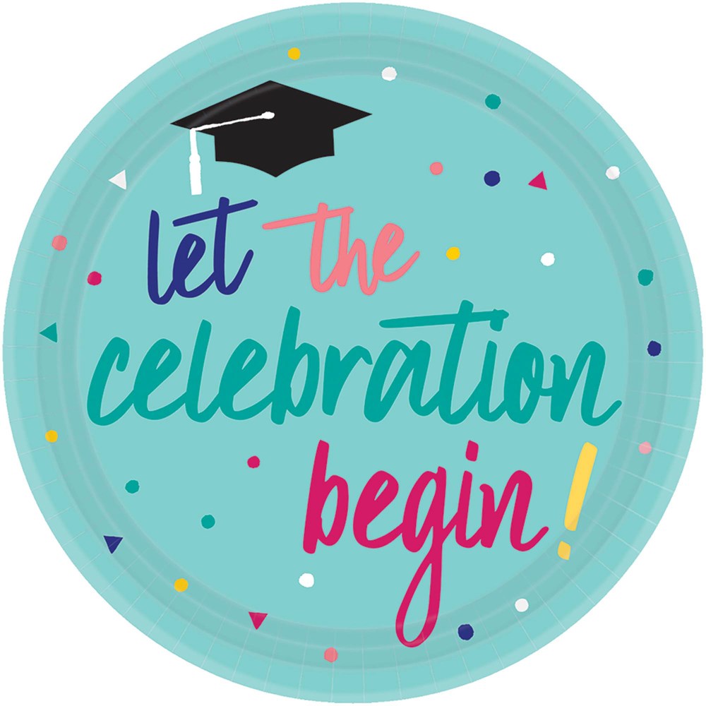 Light blue 7-inch round paper plate with confetti dots and "Let the celebration begin!" text in colorful script and a black.