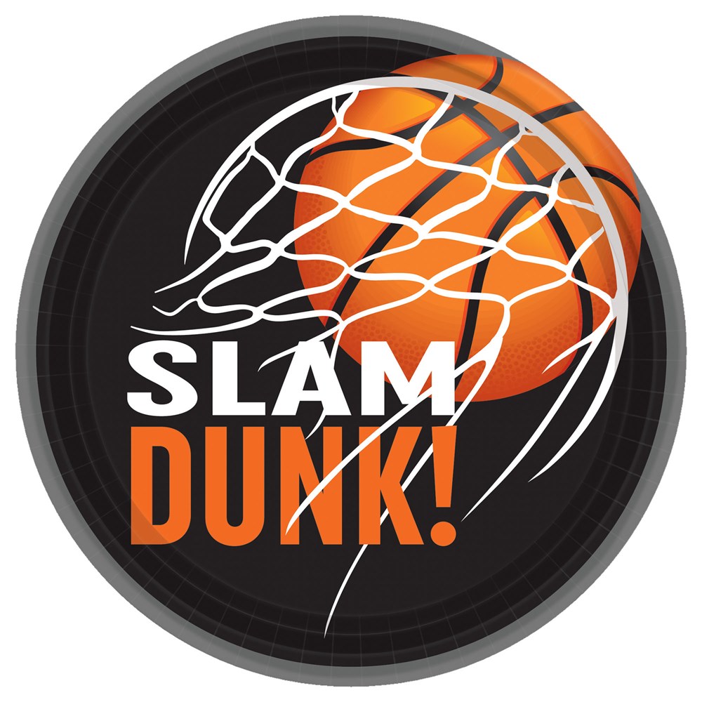 7-inch round black paper plate with basketball graphic, white net, and "Slam Dunk!" text in white and orange.