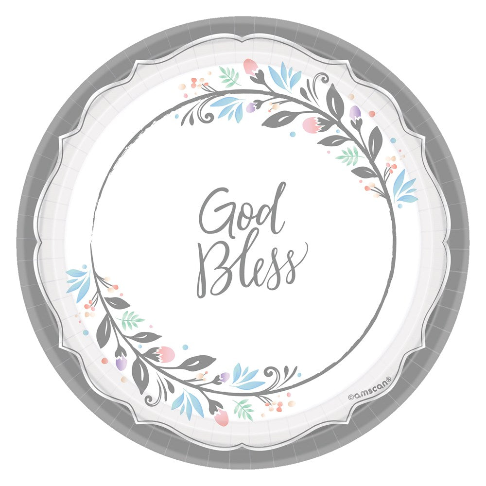 7-inch round white paper plate with scalloped silver edge and floral accents, "God Bless" in center.