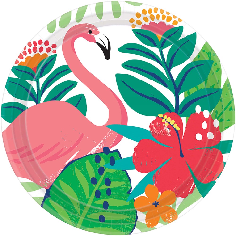 7-inch round paper plate with pink flamingo and vibrant tropical leaves and flowers design.