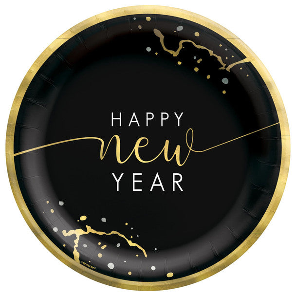 Black round paper plate with gold foil rim, "Happy New Year" text in white and gold script, gold confetti accents.
