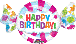Colorful round foil balloon with candy wrapper design and "Happy Birthday!" text in multicolored letters.
