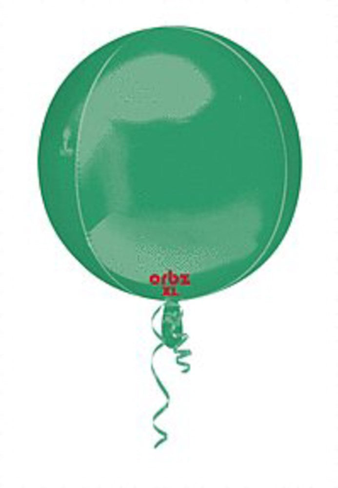 Glossy metallic green 16-inch round foil balloon with curled green ribbon tail.