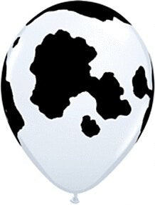 White latex balloon with black cow print spots, 11-inch round shape.