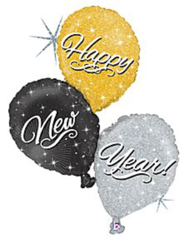 Set of three 40-inch foil balloons in gold, black, and silver with "Happy," "New," and "Year!" in cursive text.
