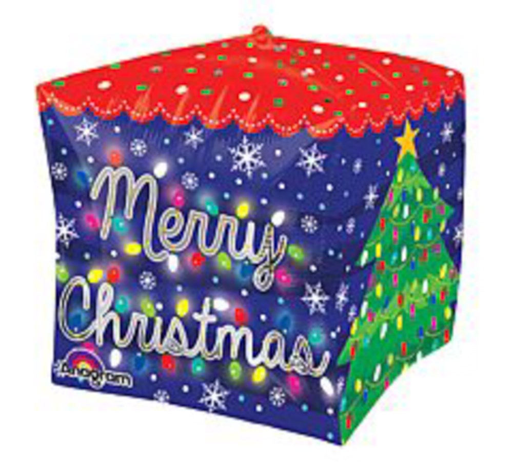 Cube-shaped Christmas decoration with "Merry Christmas" text, snowflakes, colorful lights, and a decorated tree on a blue.