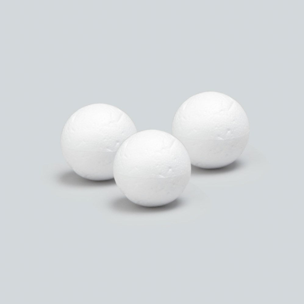 Three white 4-inch smooth Styrofoam balls with visible foam texture arranged on a light gray background.