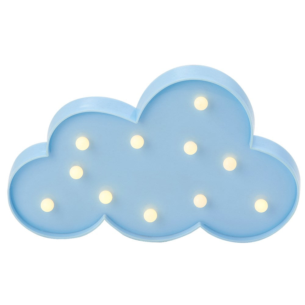 Blue plastic cloud-shaped marquee light with nine warm white bulbs evenly spaced.