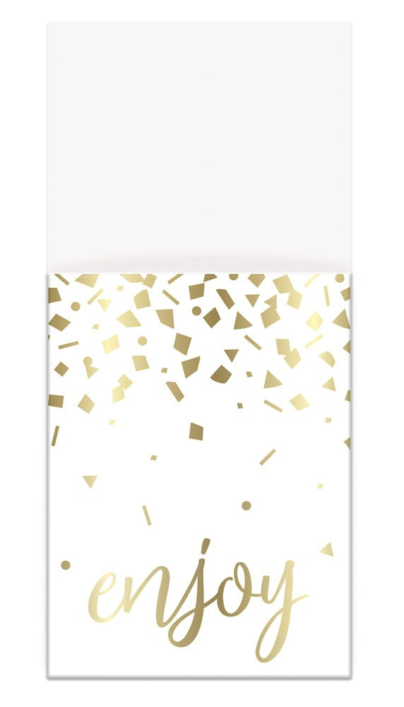 White paper cutlery pouch with scattered gold foil confetti and "enjoy" in gold script text.