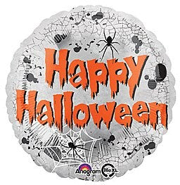 18-inch round silver foil Halloween balloon with orange "Happy Halloween" text and black spiderweb and spider designs.