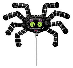 Black foil spider balloon with eight striped legs and large green eyes, 14 inches flat shape.