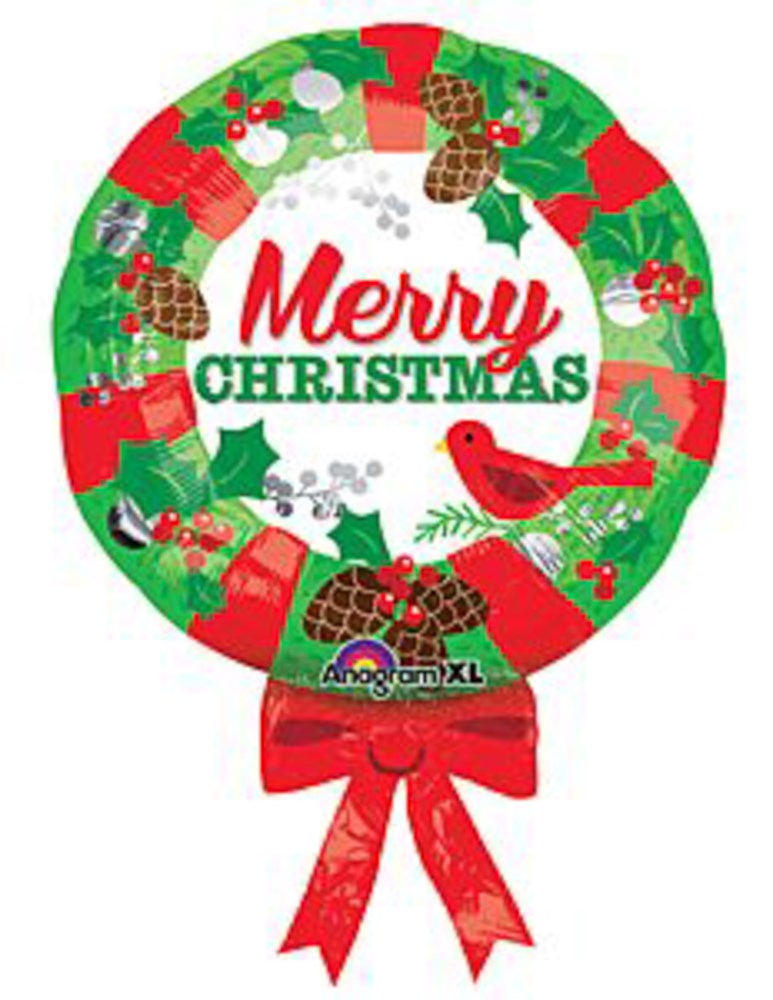 28-inch round foil balloon shaped like a Christmas wreath with green leaves, red stockings, pinecones, holly, red cardinal,.