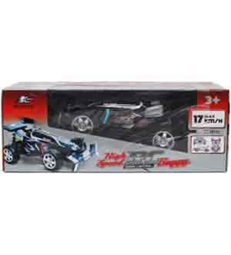 Black and silver 11-inch RC high speed buggy with blue and white flame decals, packaged in a display box.