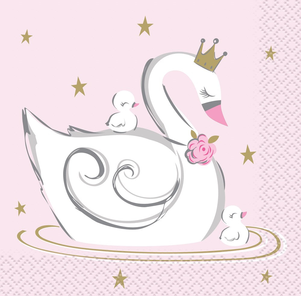 Pink beverage napkin with an elegant white swan wearing a gold crown and pink rose, surrounded by small gold stars.
