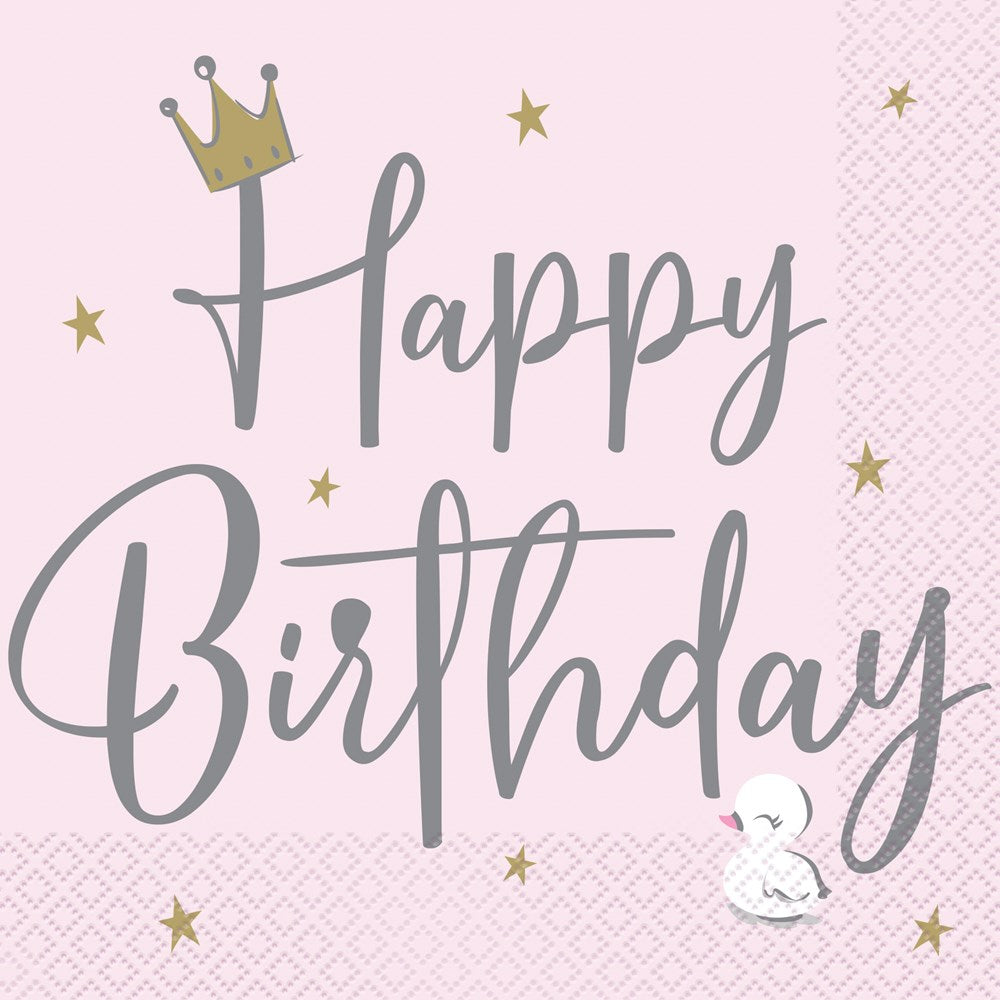 Pink birthday napkin with "Happy Birthday" in gray script, gold stars, a gold crown, and a small white swan illustration.