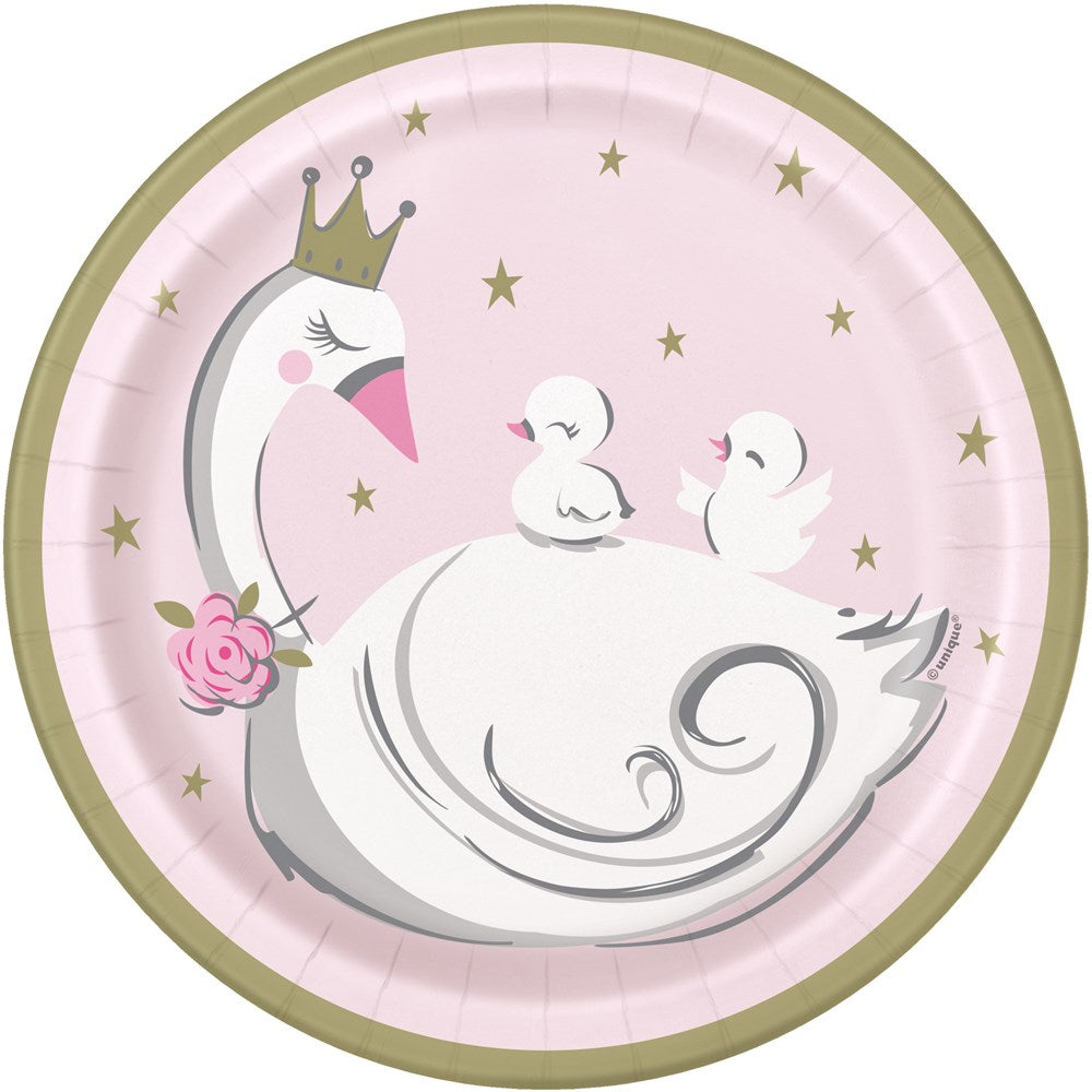 Round 7-inch pink paper plate with gold rim featuring a white swan wearing a gold crown, holding two baby swans and pink.