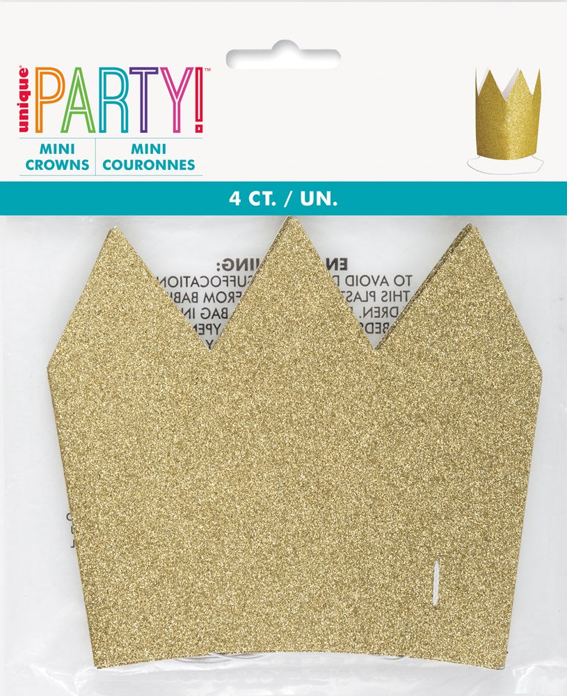 Set of four mini gold glitter paper crowns with a classic pointed design in clear packaging.