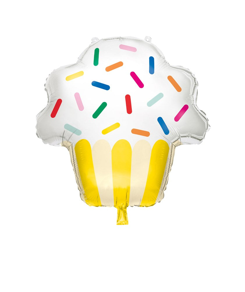 29-inch foil balloon shaped like a cupcake with white frosting and colorful sprinkles above a yellow striped wrapper.
